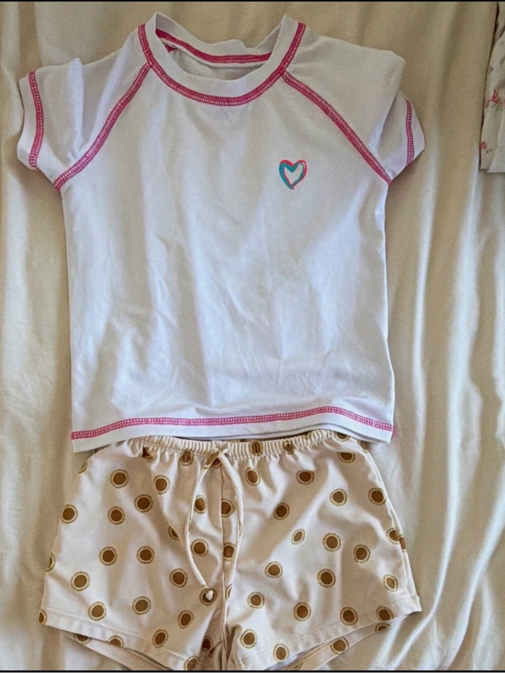 Pink Platinum White Short Sleeve Pajama Set with Pink Trim & Teal Heart